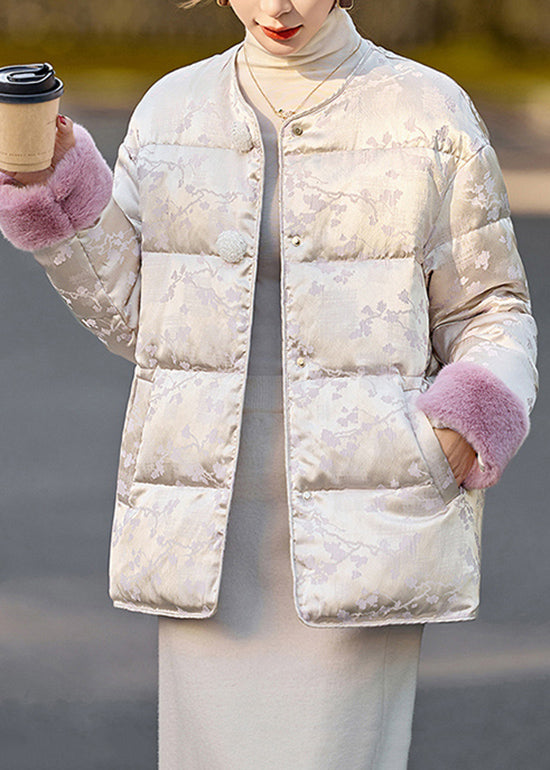 Beige Jacquard Fur Patchwork Duck Down Down Coat Winter