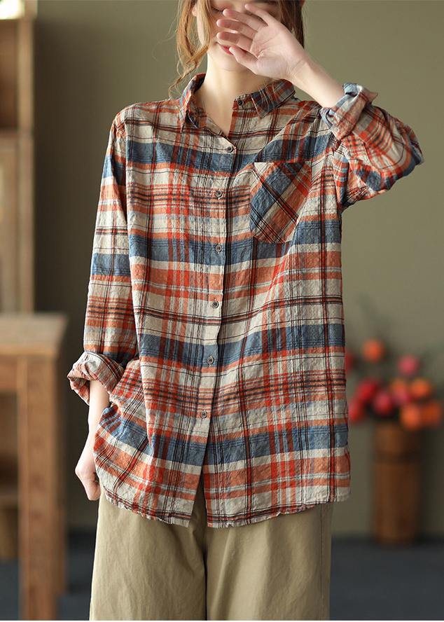 Diy Blue Plaid Blouses for Lapel Pockets Art Spring Tops