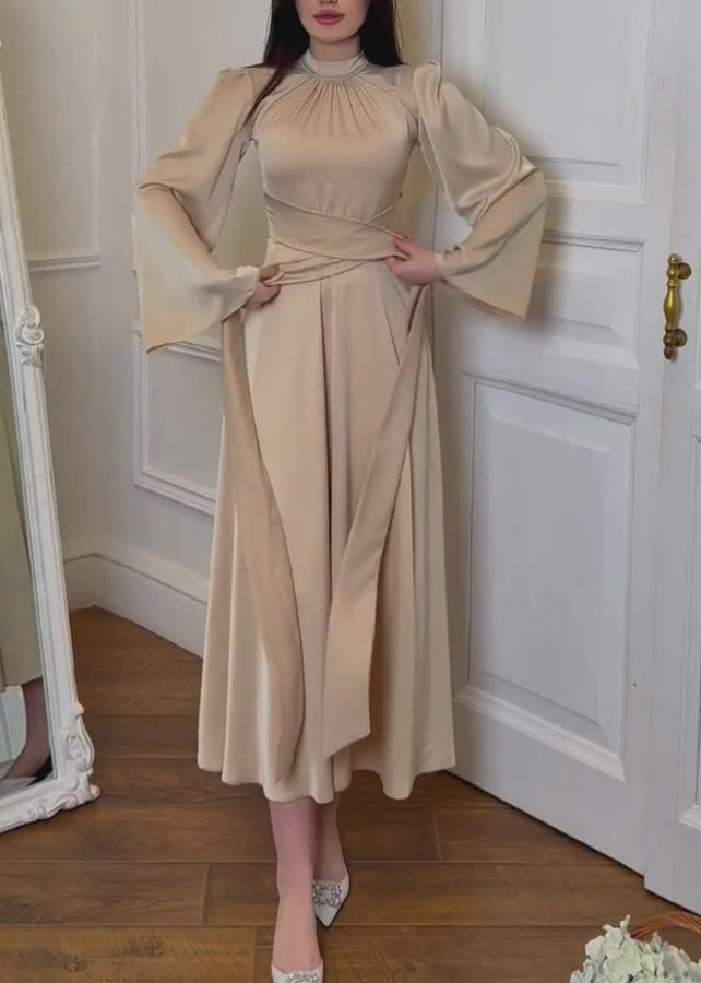 Apricot Stand Collar Lace Up Silk Dress Fall
