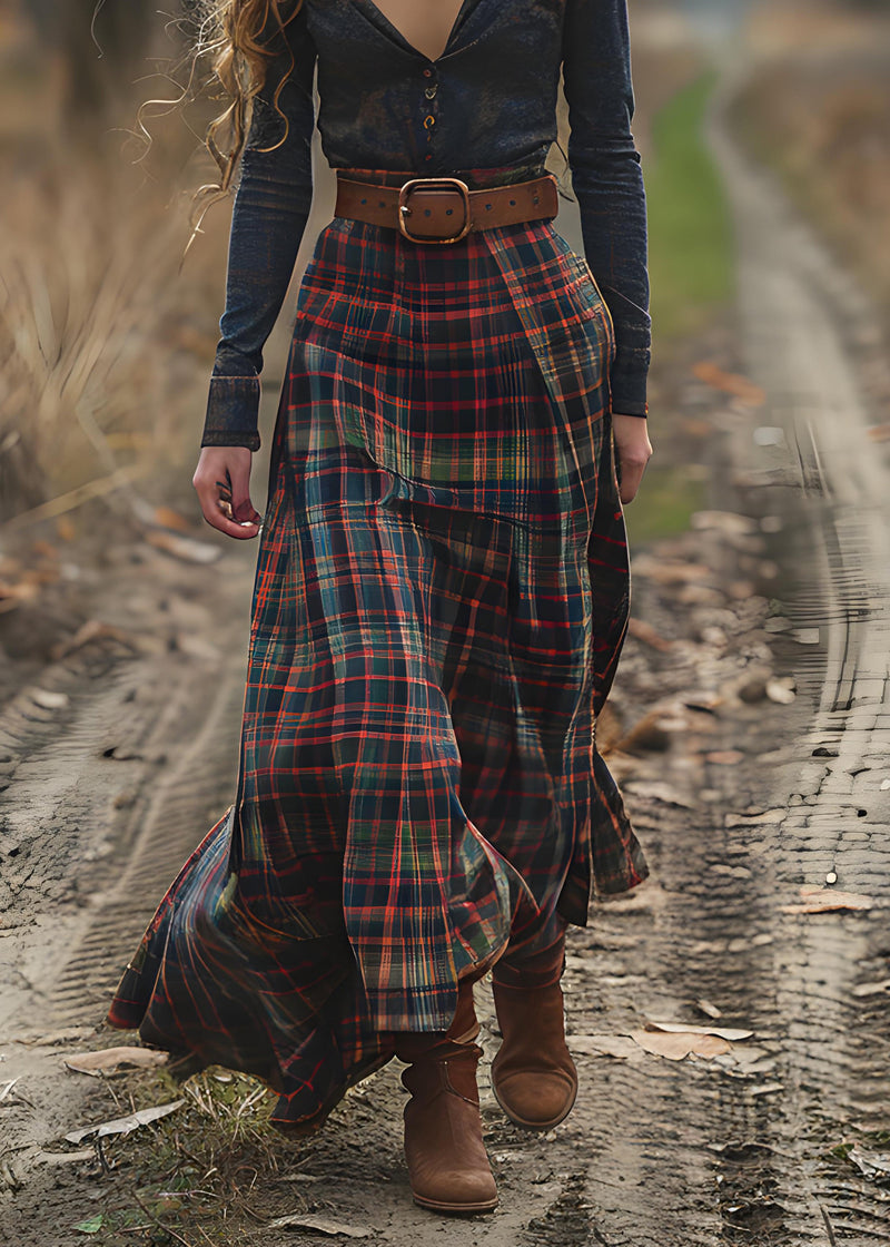 V Neck Plaid Patchwork Cotton Long Dress Spring