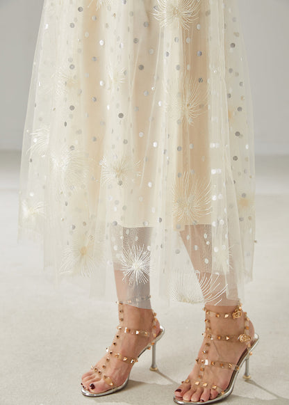 Milk White Embroidered Sequins Tulle Skirts Summer