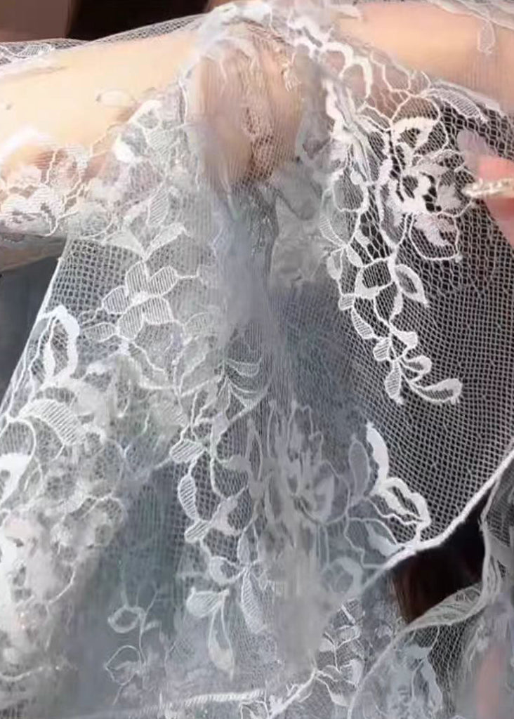 Blue Cold Shoulder Ruffled Lace Shirt Fall
