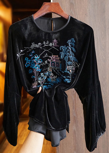 Loose Green O Neck Print Silk Velour Top Long Sleeve Spring