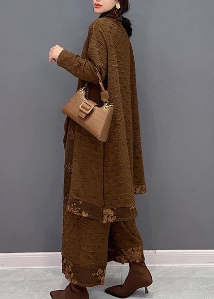Chocolate Turtleneck Print Top and Pants Two Pieces Set Spring