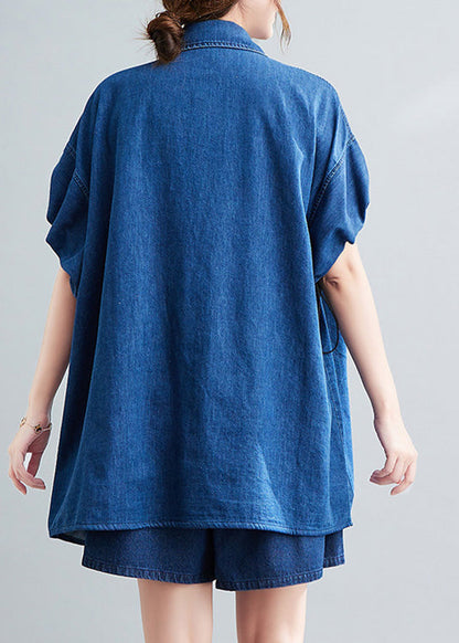 Denim Blue Peter Pan Collar Cotton Shirts and Shorts Two Pieces Set Summer