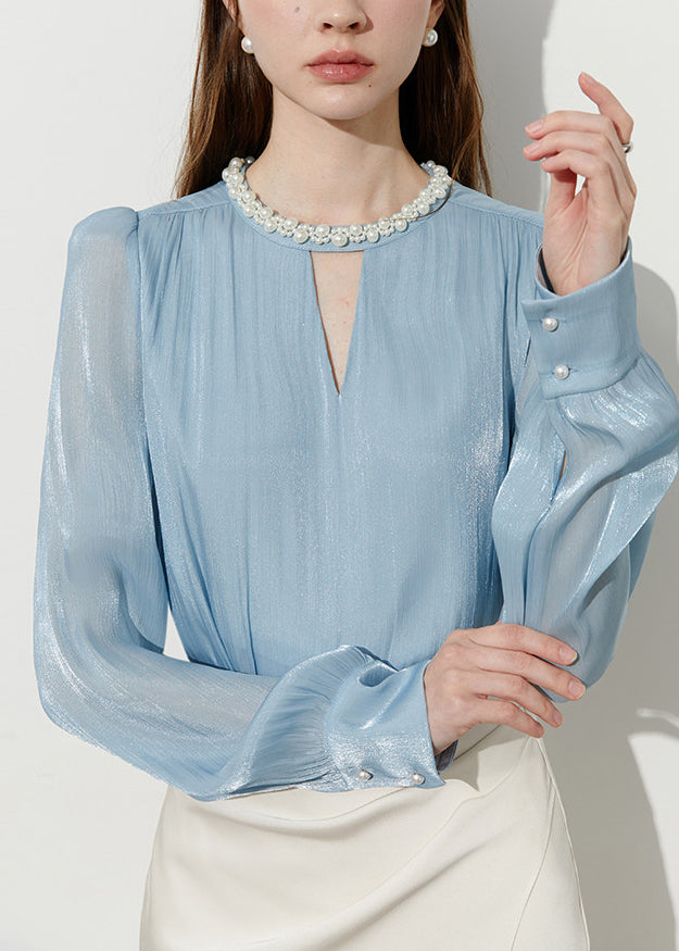 Boutique Blue Pearl Draping Silk Shitr Tops Spring