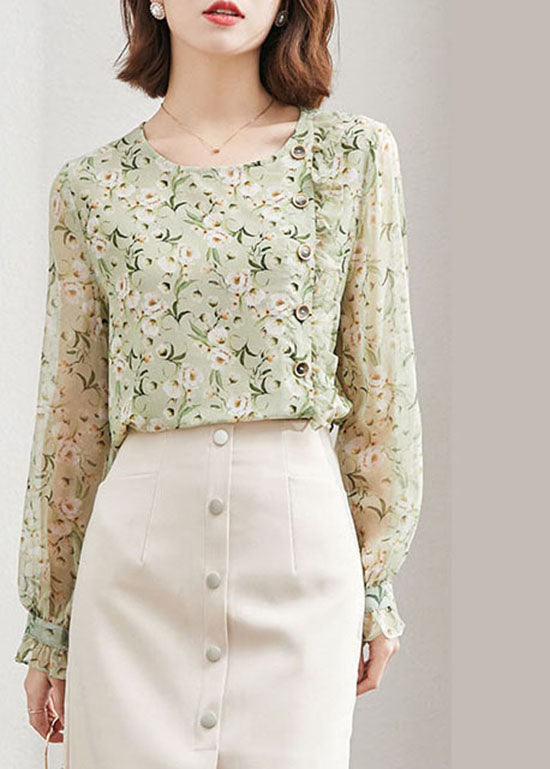 Unique Green O-neck Button Ruffled Print Chiffon Tops Spring