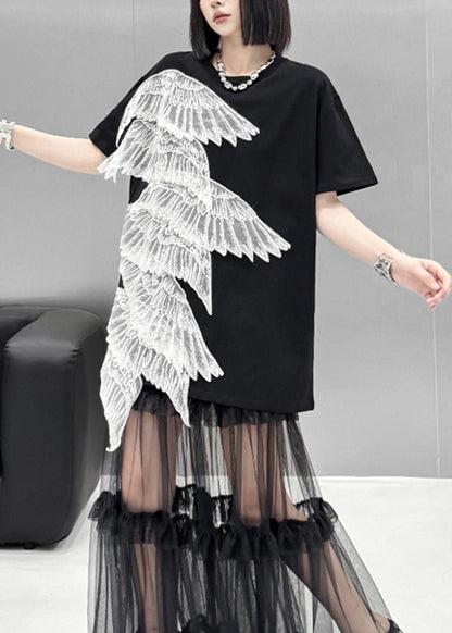 Summer New Black Embroidered Wings T-shirt Dress