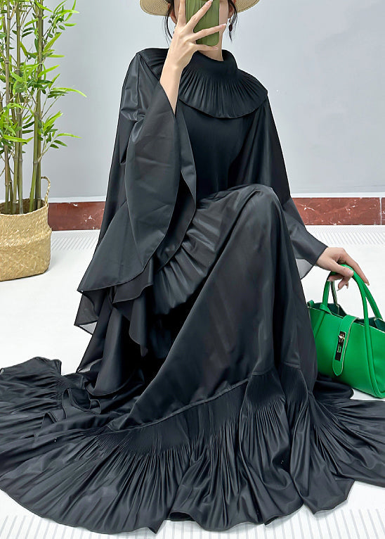 Loose Black Ruffled Cotton Dresses Butterfly Sleeve