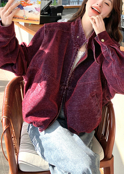 Purple Stand Collar Detachable Denim Jacket Spring