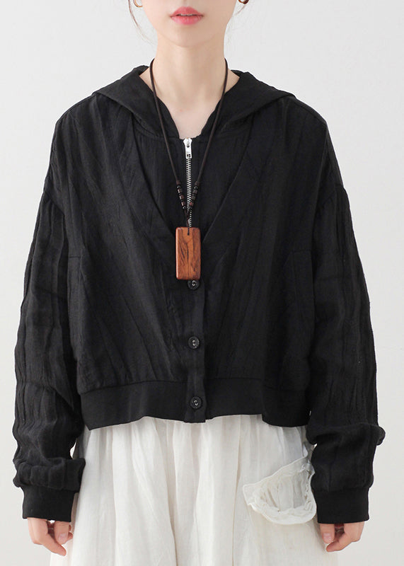 Black Hooded Zippered Pockets Linen Coat Long Sleeve