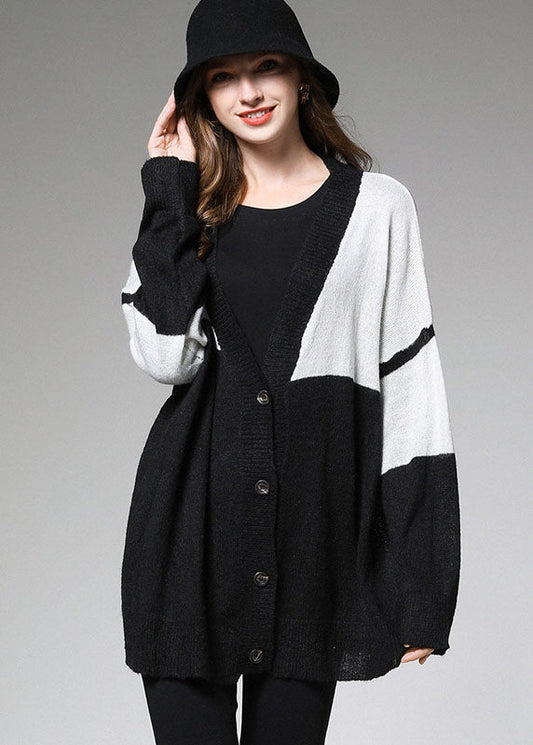 Colorblock Button V Neck Knit Fall Loose Short Cardigans