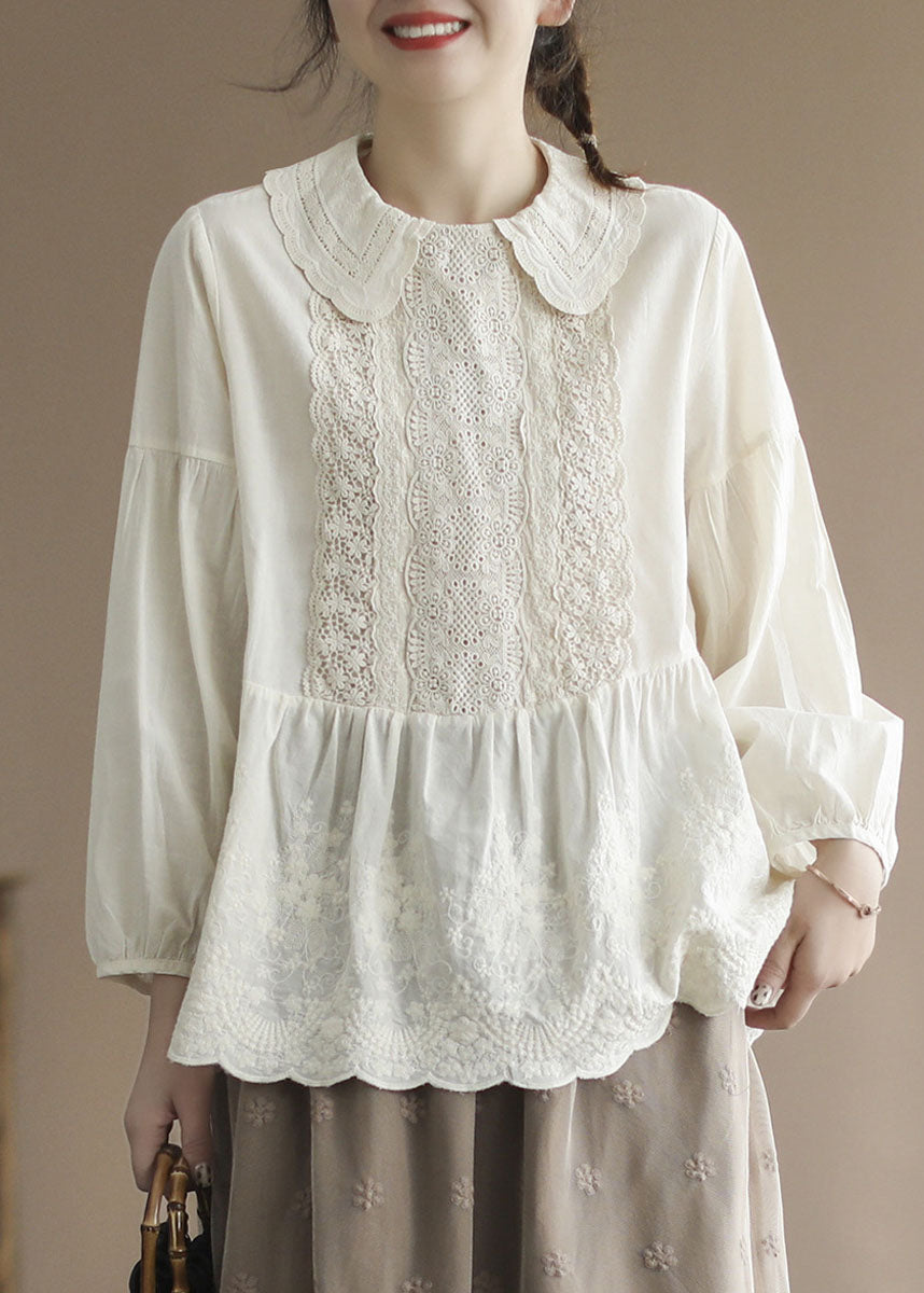 Apricot Peter Pan Collar Embroideried Cotton Shirt Tops Spring