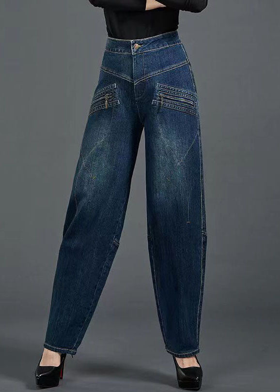Blue High Waist Flatering Zip Up Pockets Cotton Denim Pants Summer