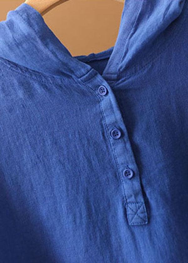Blue Color Hooded Pockets Cotton Blend Pullover Top Summer