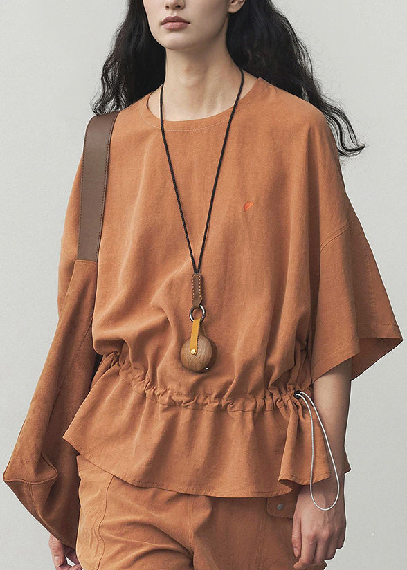 Orange O Neck Drawstring Cotton T Shirt Summer