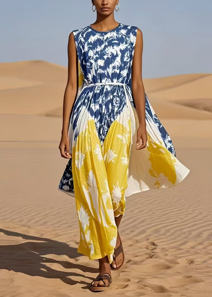 Colorblock Cinched Print Cotton Maxi Dress Sleeveless