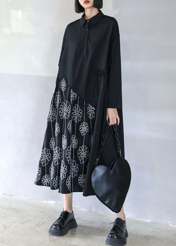 Black Button Patchwork Ruffled Fall Dress Long Sleeve