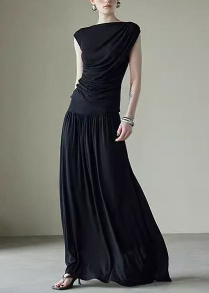 New Black Wrinkled Silk Cotton Two Piece Set Sleeveless