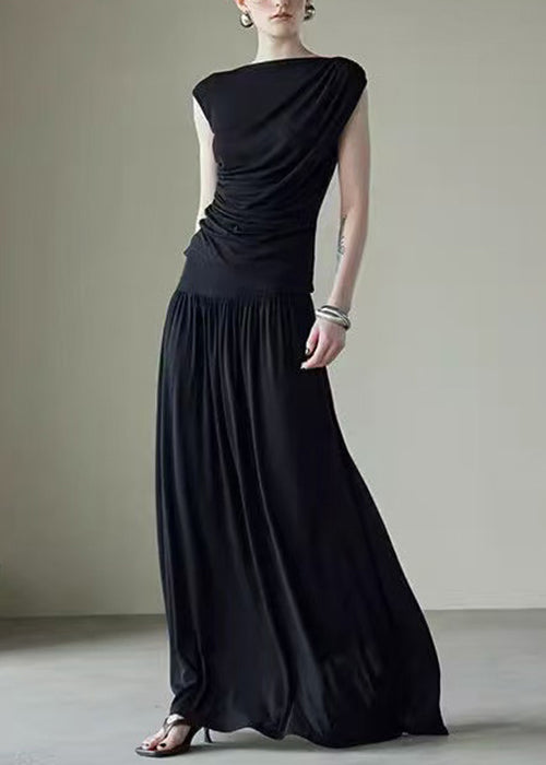 New Black Wrinkled Silk Cotton Two Piece Set Sleeveless