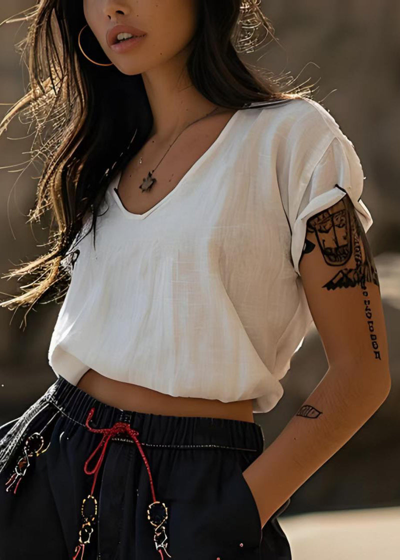 Stylish White V-neck Cotton Short T Shirts Tops Summer