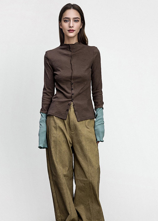 Brown Button Patchwork Cotton T Shirts Fall