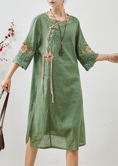 Green Tasseled Embroidered Linen Dresses Summer