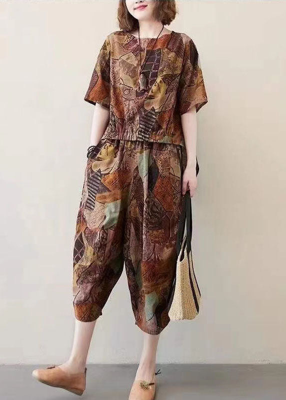 Chocolate O-neck Asymmetrical Design Print Cotton Two Pieces Set Summer