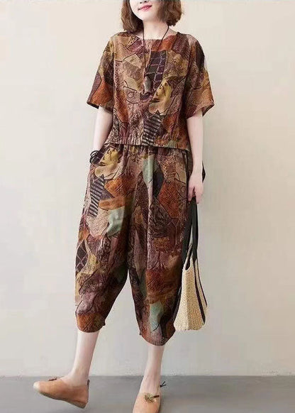 Chocolate O-neck Asymmetrical Design Print Cotton Two Pieces Set Summer
