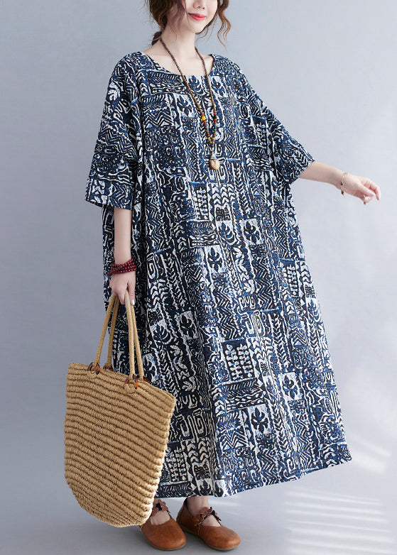 Print O Neck Pockets Cotton Long Dresses Summer