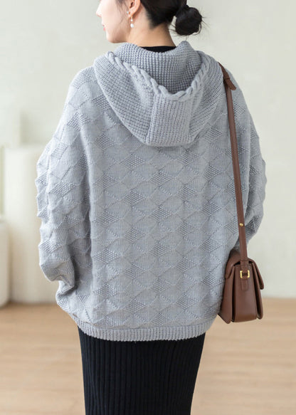 Grey Hooded Pockets Patchwork Knitted Cotton Thread Tops Fall