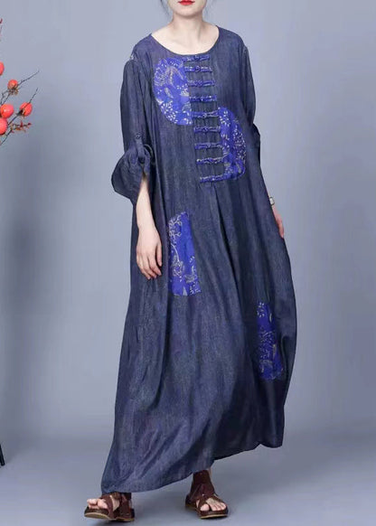 Blue O Neck Button Patchwork Cotton Long Dress Spring