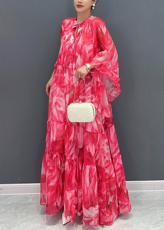 Pink Flower Ruffled Chiffon Maxi Dress Batwing Sleeve