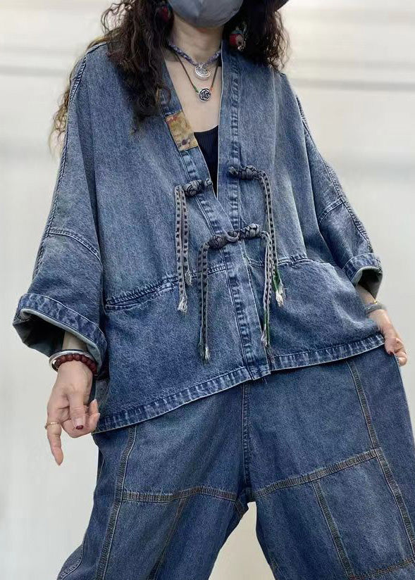 Loose Blue V Neck Button Patchwork Denim Coats Long Sleeve Spring
