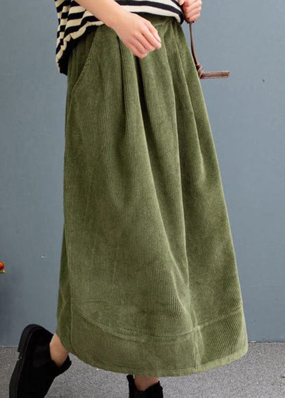 Green High Waist Pockets Corduroy a Line Skirts Fall
