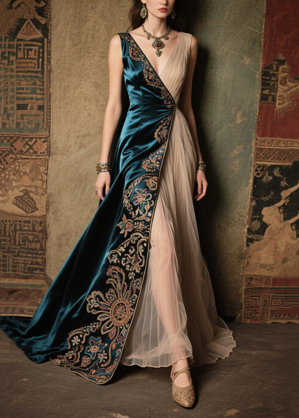 Peacock Blue Jacquard Tulle Patchwork Silk Dress Summer