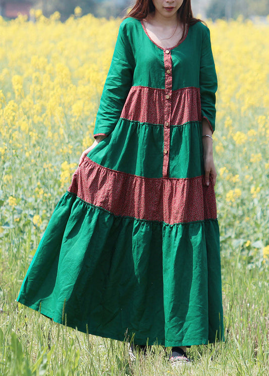 Green O-neck Button Patchwork Vacation Dresses Long Sleeve