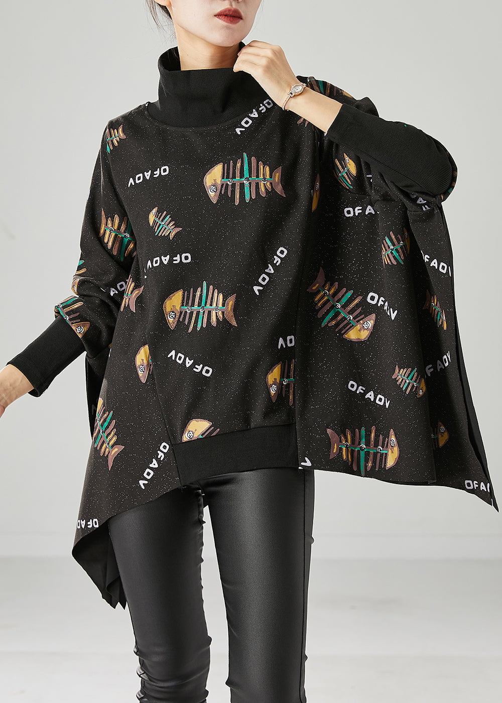 Italian Black Asymmetrical Design Fishbone Print Cotton Loose Sweatshirt Fall