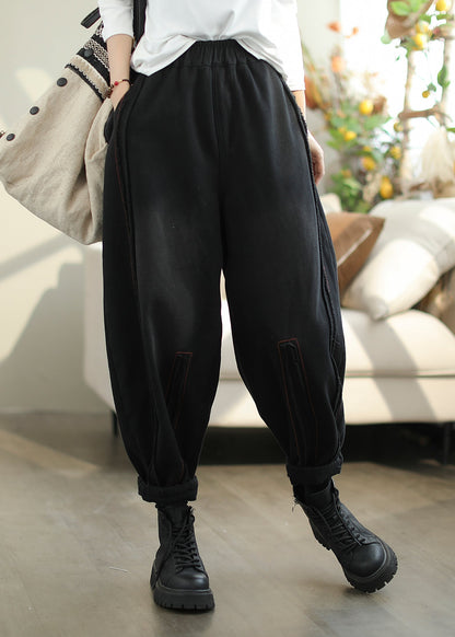 Black Pockets Elastic Waist Warm Fleece Pants Spring