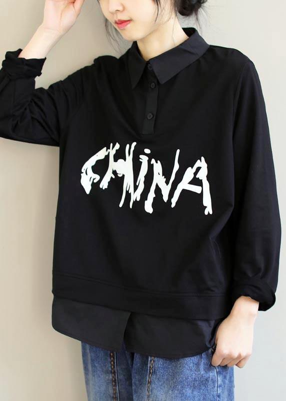 Handmade Lapel Patchwork Spring Shirts Sleeve Black Letter Shirt