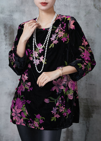 Black Print Chinese Button Silk Velour Shirt Fall