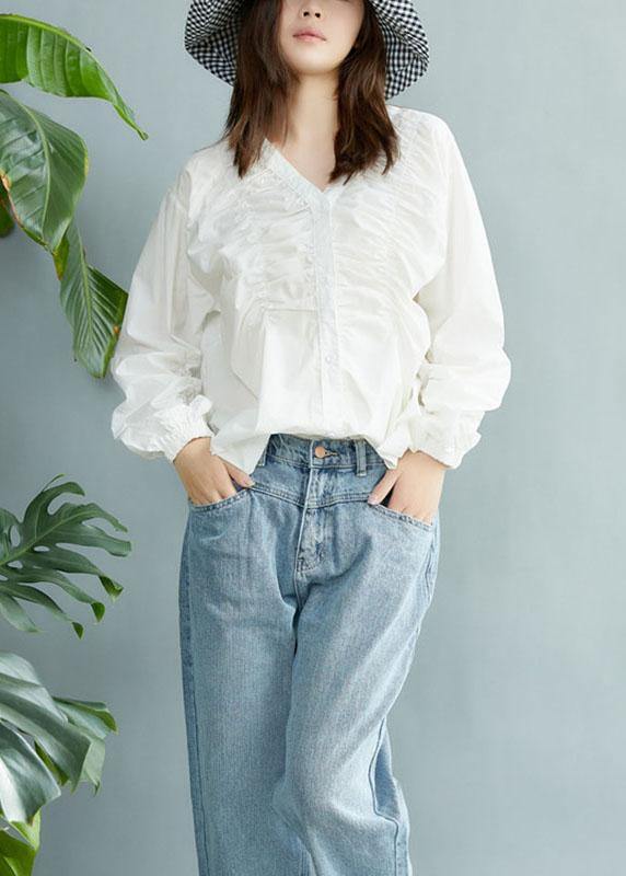 Boutique White V Neck Button Fall Long Sleeve Blouse Top