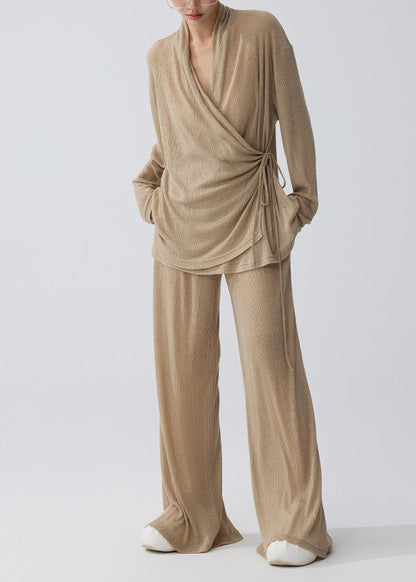 Coffee Tie Waist Side Knit Two Pieces Set Summer