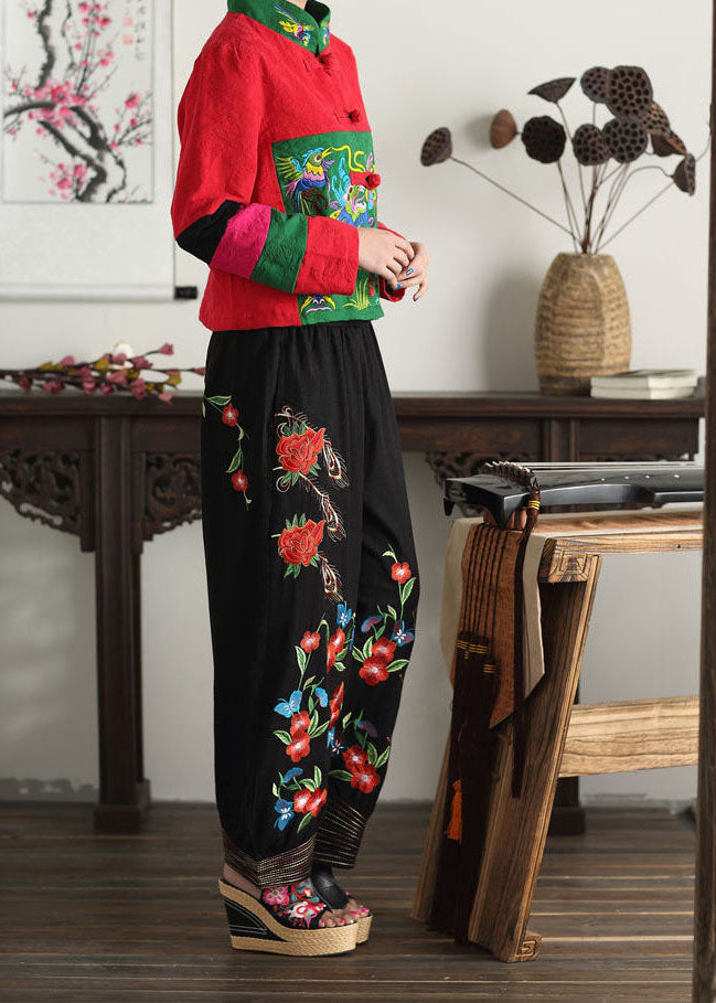 Black Embroideried Elastic Waist Pockets Cotton Lantern Pants Spring