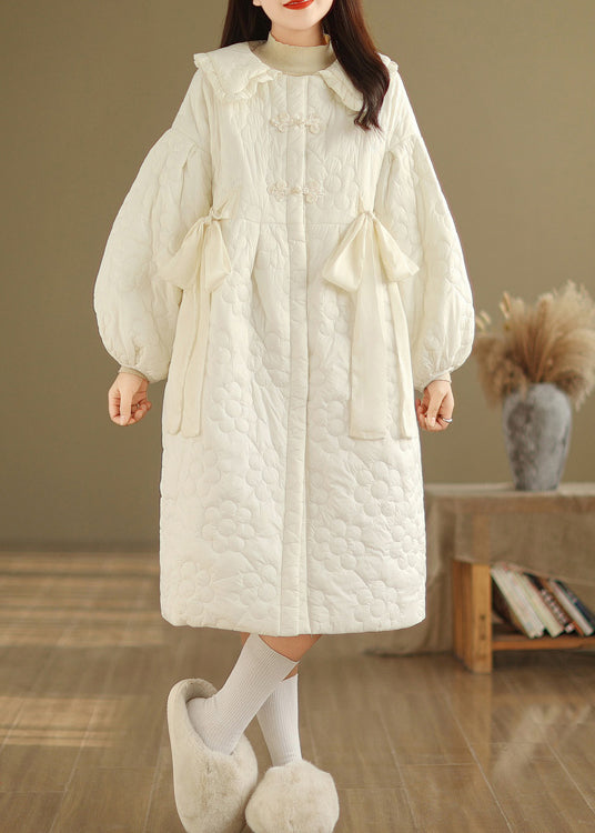 Beige Peter Pan Collar Fine Cotton Filled Coat Lantern Sleeve