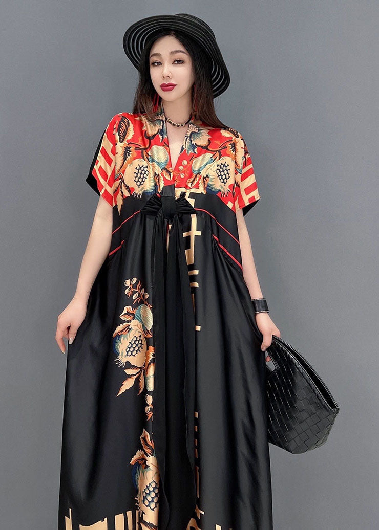 Black Red V Neck Bow Print Satin Long Dresses Short Sleeve