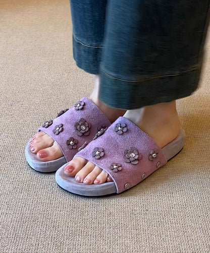 Fine Splicing Purple Suede Slide Sandals Peep Toe