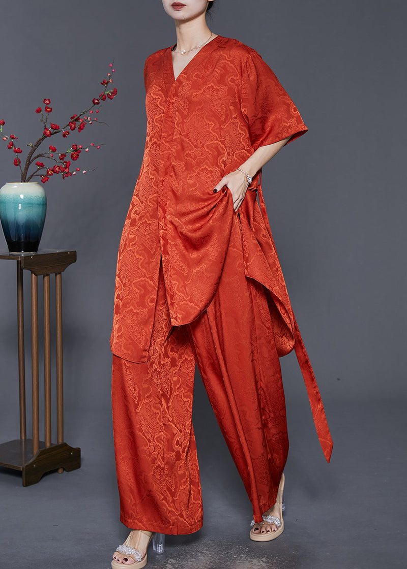 Orange Asymmetrical Print Silk Two Piece Set Summer