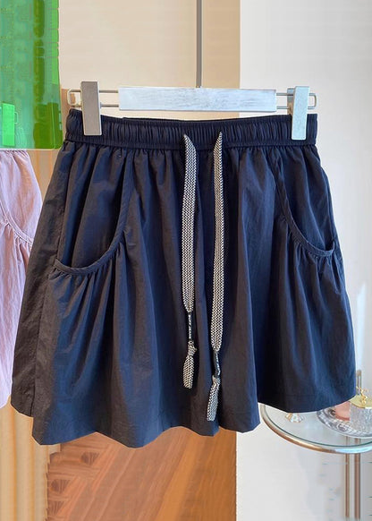 Black Lace Up Pockets Cotton Shorts Elastic Waist