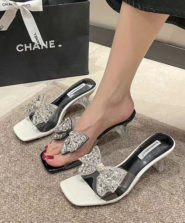 Bow Zircon Splicing Chunky Heel Black Slide Sandals
